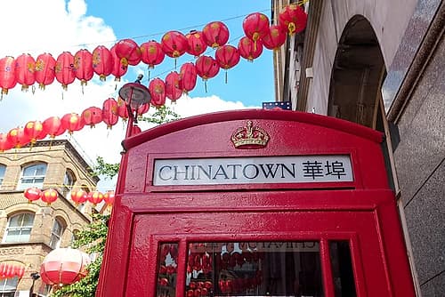 London, England, Great Britain. Chinatown vintage old phone booth. European Print